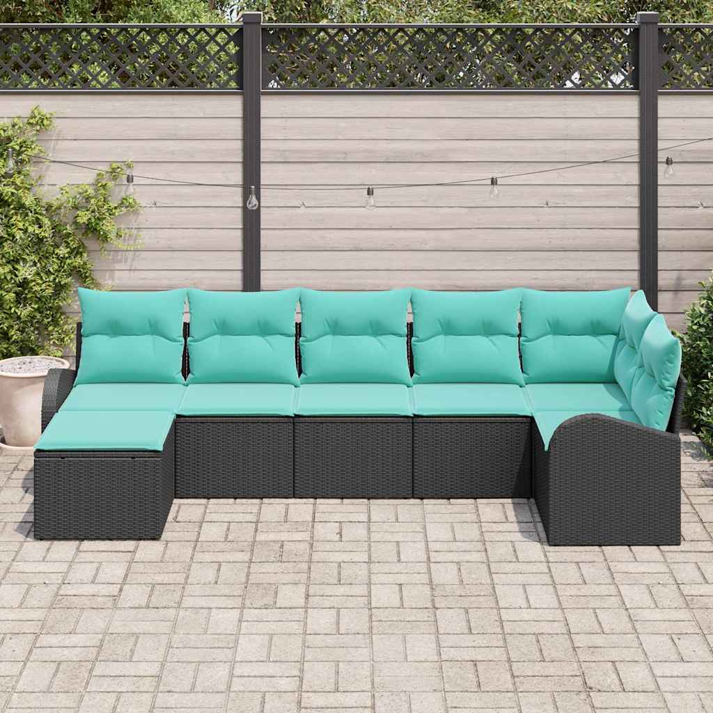 Sofa Sæt med pude 7 pcs Sort og turkis polyrattan