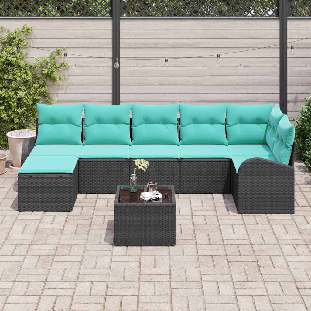 Sofa Sæt med pude 8 pcs Sort og turkis polyrattan