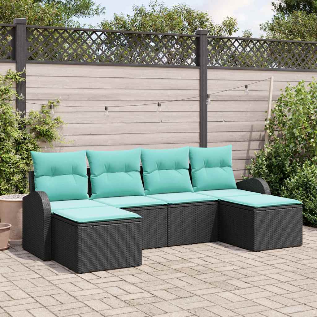 Sofa Sæt med pude 6 pcs Sort og turkis polyrattan