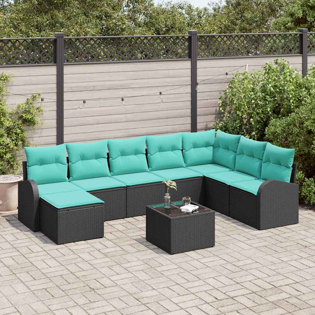 Sofa Sæt med pude 9 pcs Sort og turkis polyrattan