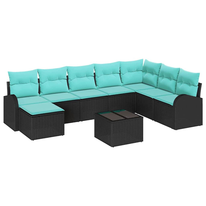 Sofa Sæt med pude 9 pcs Sort og turkis polyrattan