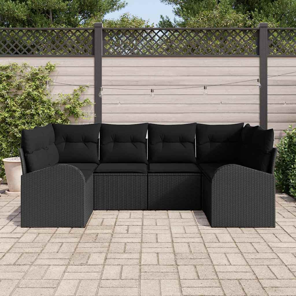 Havesofa Sæt med pude med opbevaring 6 pcs Sort polyrattan