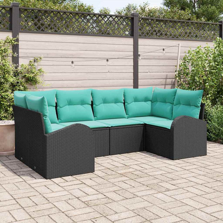 Havesofa Sæt med pude 6 pcs Sort og turkis polyrattan