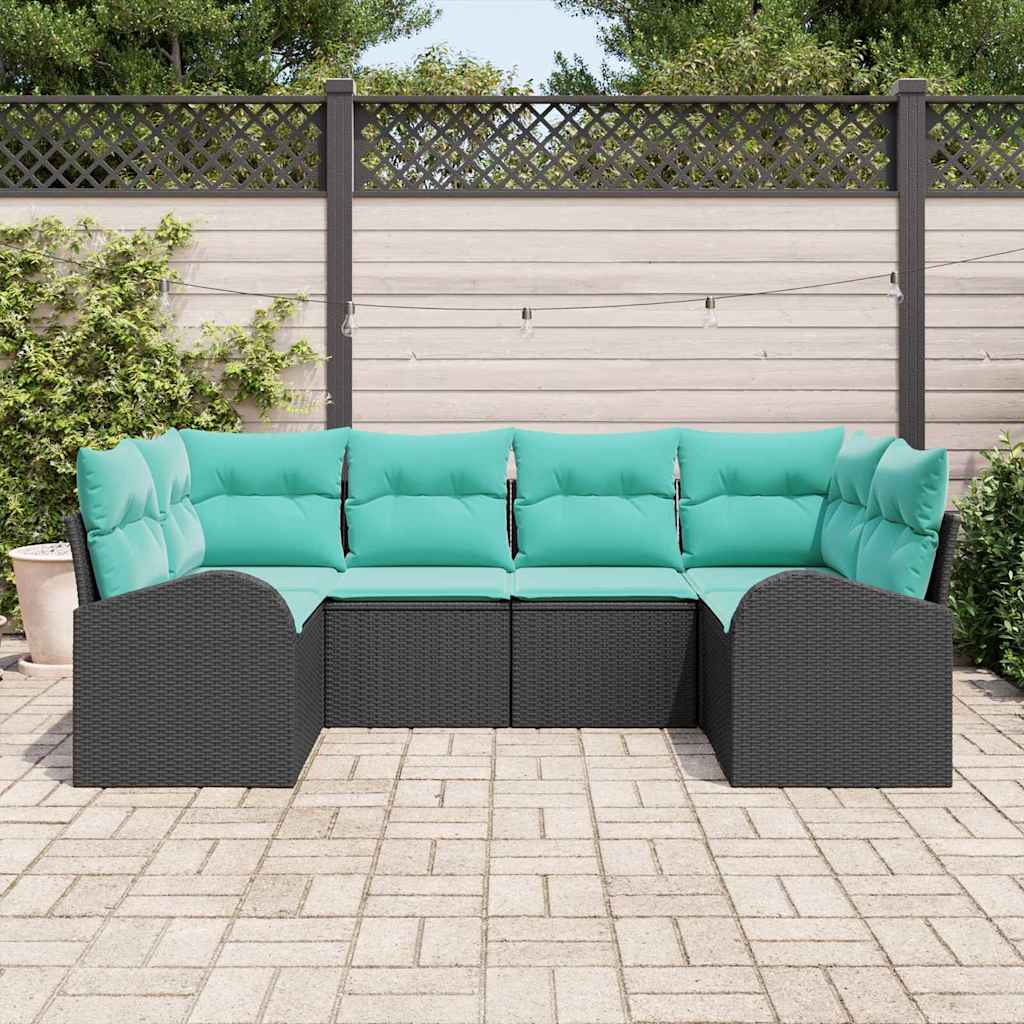Havesofa Sæt med pude 6 pcs Sort og turkis polyrattan