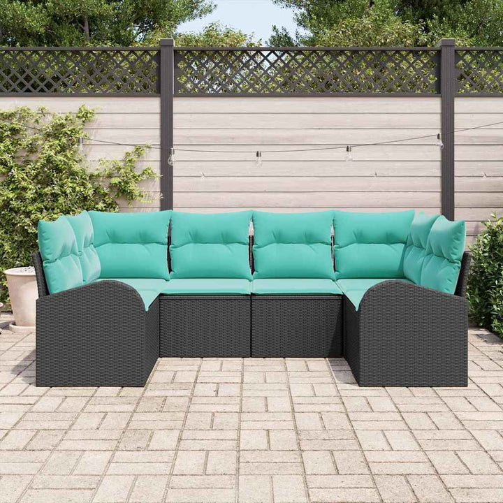 Havesofa Sæt med pude 6 pcs Sort og turkis polyrattan