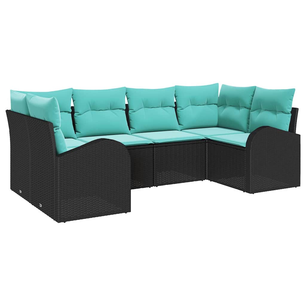 Havesofa Sæt med pude 6 pcs Sort og turkis polyrattan