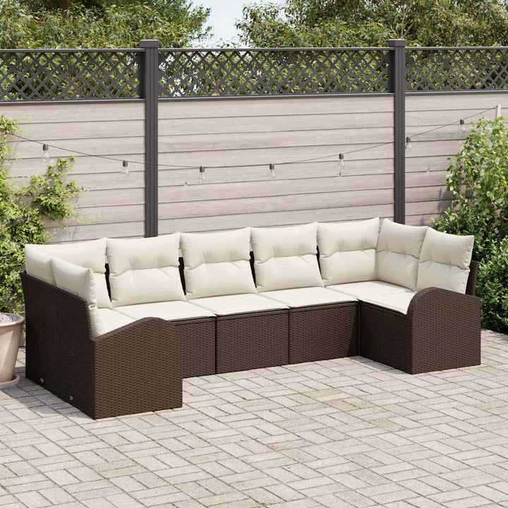 Havesofa Sæt med pude 7 pcs Brun og hvid polyrattan