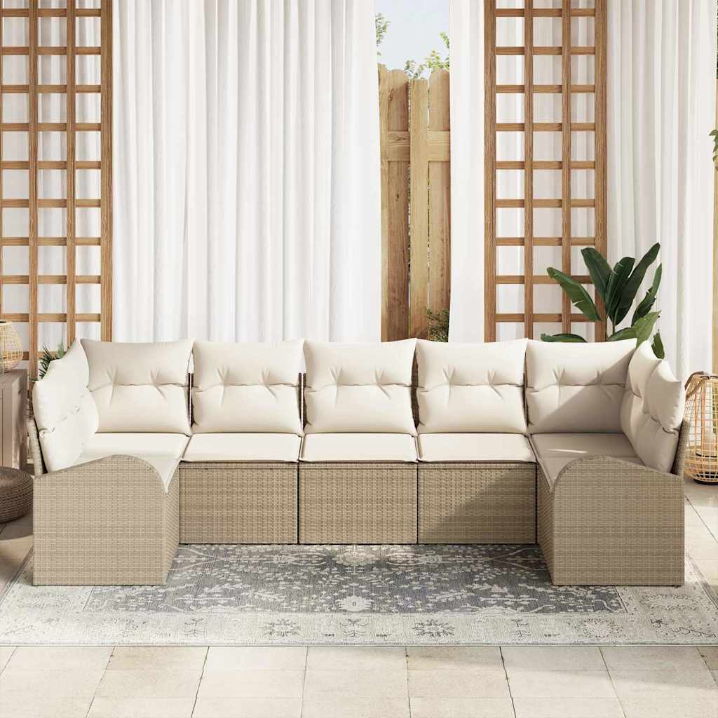 Havesofa Sæt med pude 7 pcs Beige og hvid polyrattan