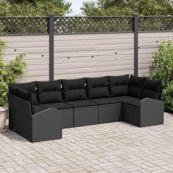 Havesofa Sæt med pude med opbevaring 7 pcs Sort polyrattan