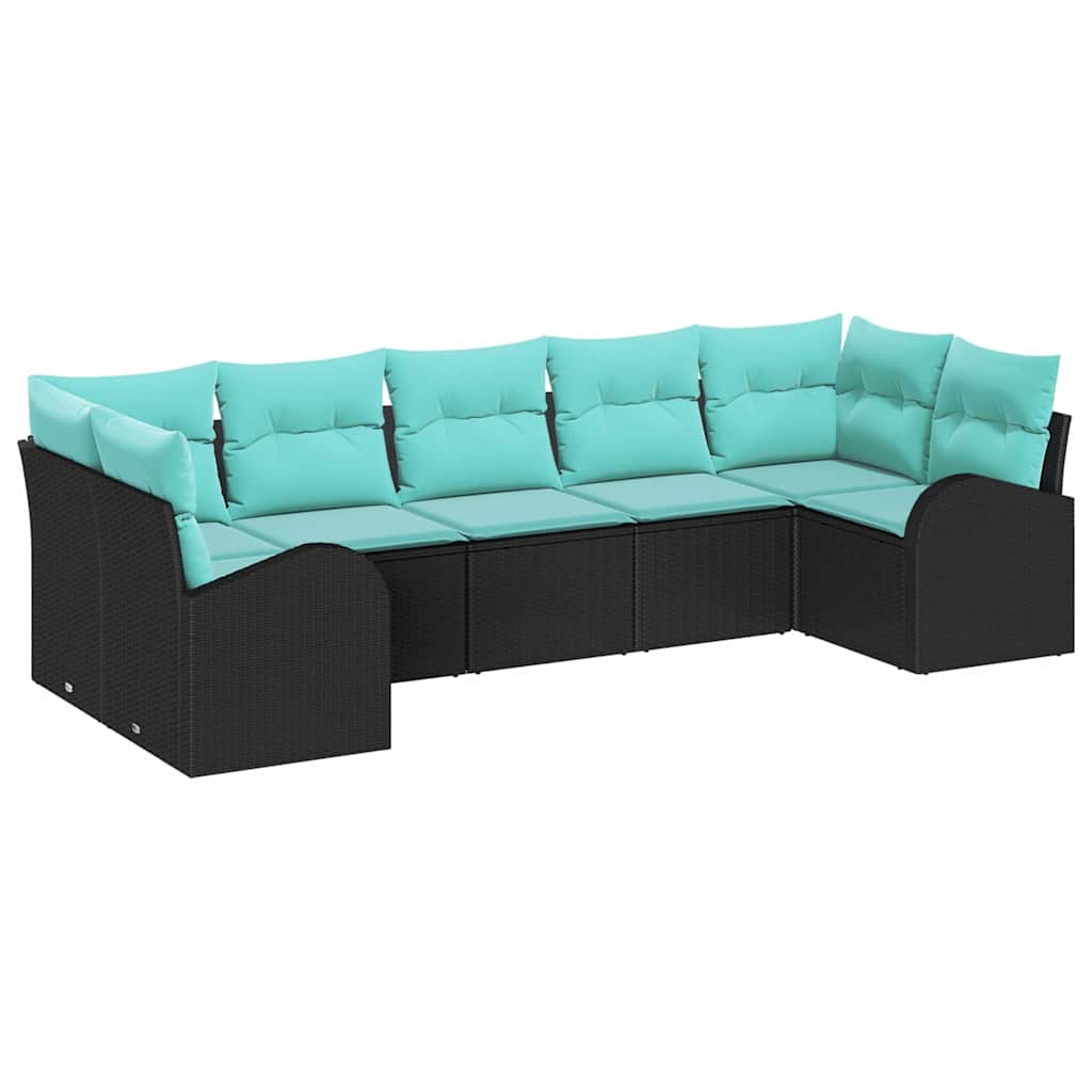 Havesofa Sæt med pude 7 pcs Sort og turkis polyrattan
