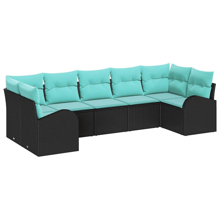 Havesofa Sæt med pude 7 pcs Sort og turkis polyrattan