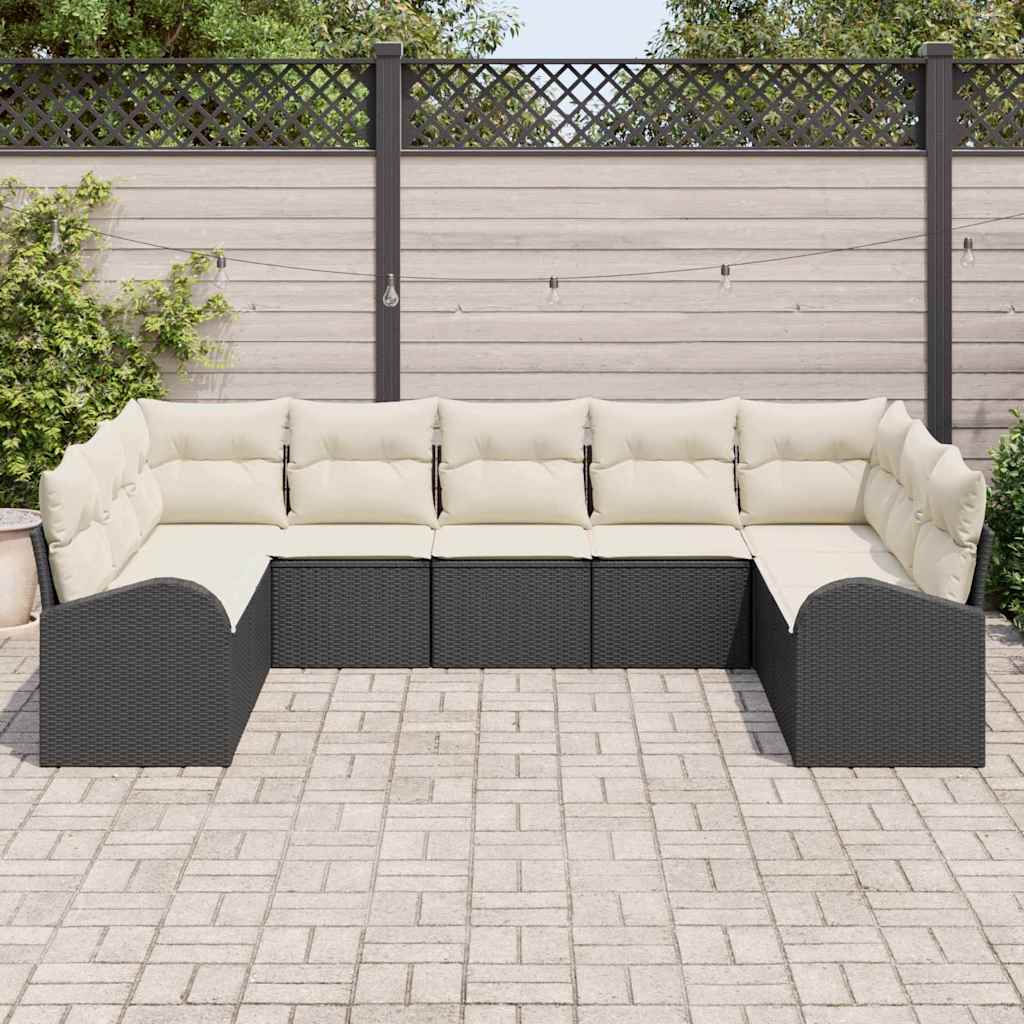 Havesofa Sæt med pude 9 pcs Sort og Hvid polyrattan