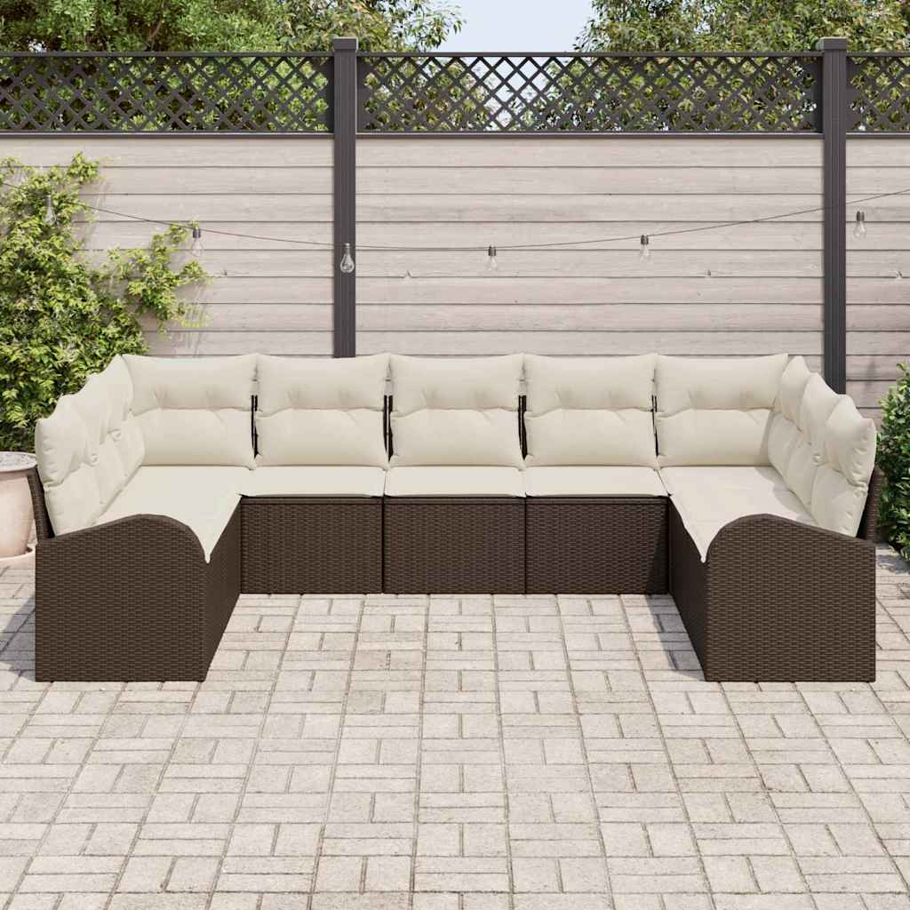 Havesofa Sæt med pude 9 pcs Brun og hvid polyrattan