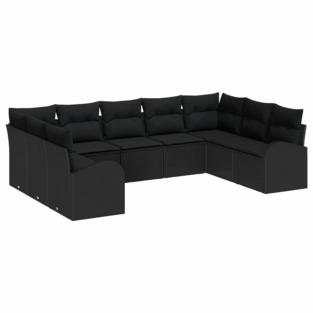 Havesofa Sæt med pude med opbevaring 9 pcs Sort polyrattan