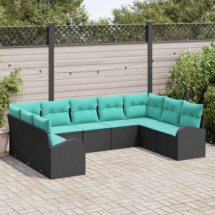 Havesofa Sæt med pude 9 pcs Sort og turkis polyrattan