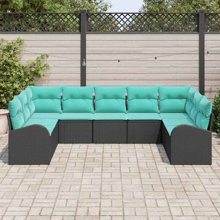 Havesofa Sæt med pude 9 pcs Sort og turkis polyrattan