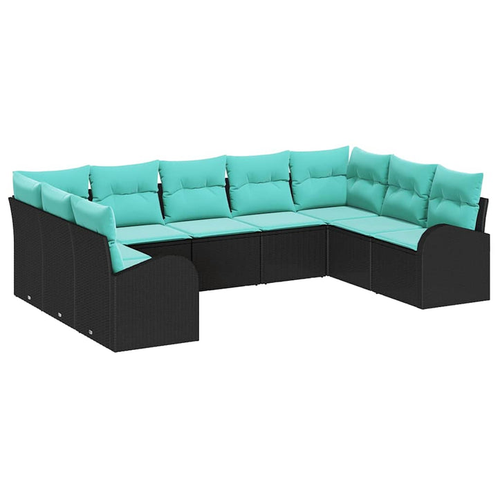 Havesofa Sæt med pude 9 pcs Sort og turkis polyrattan