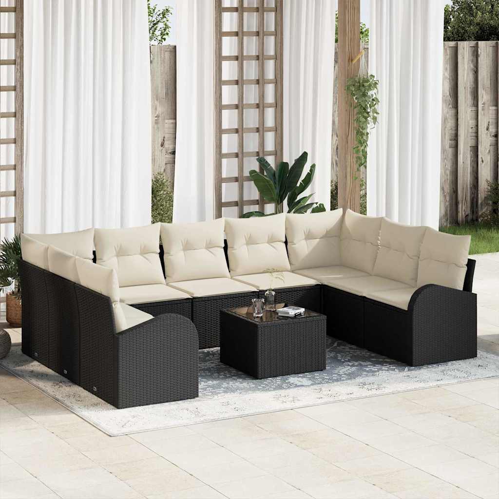 Havesofa Sæt med pude 10 pcs Sort og Hvid polyrattan