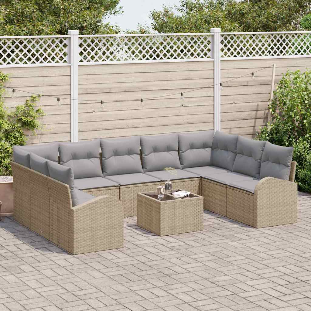 Havesofa Sæt med pude 10 pcs Beige og lysegrå polyrattan