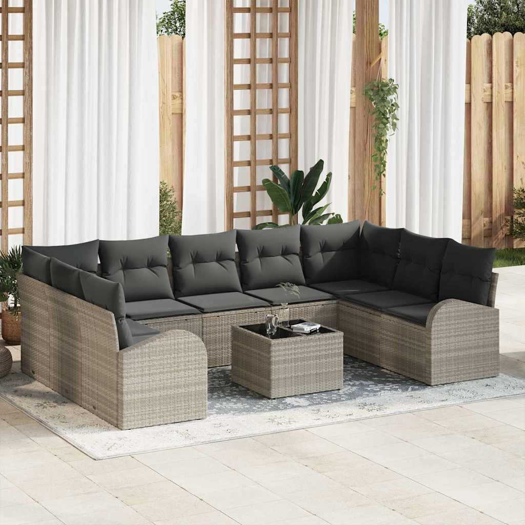 Havesofa Sæt med pude med opbevaring 10 pcs Lysegrå polyrattan