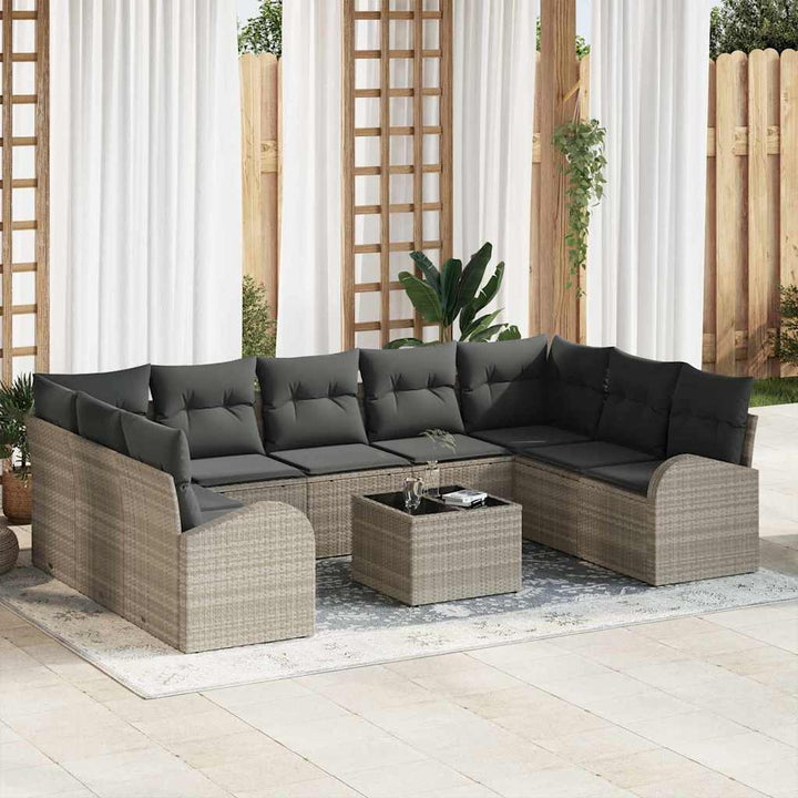 Havesofa Sæt med pude med opbevaring 10 pcs Lysegrå polyrattan