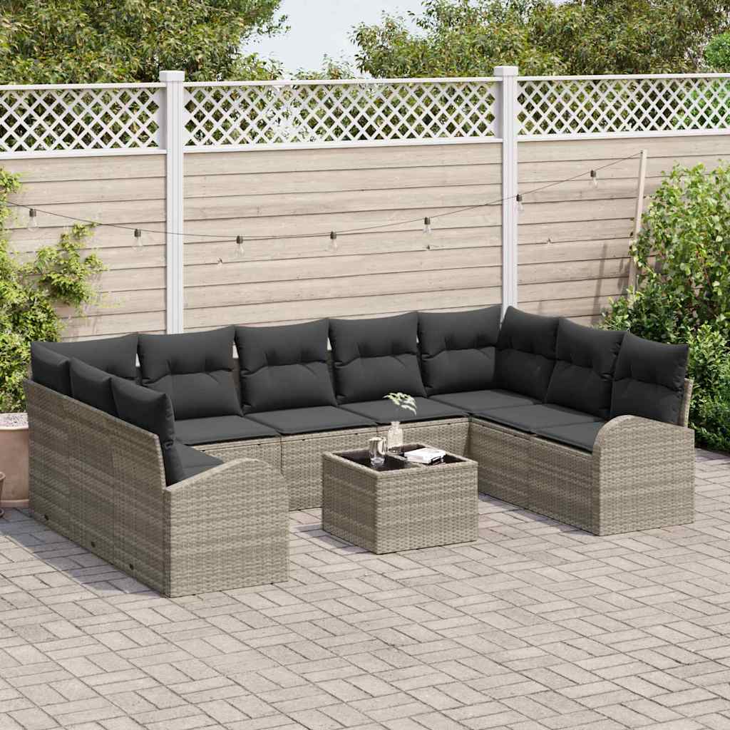 Havesofa Sæt med pude med opbevaring 10 pcs Lysegrå polyrattan