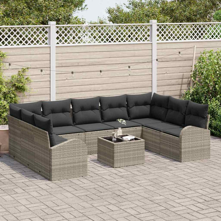 Havesofa Sæt med pude med opbevaring 10 pcs Lysegrå polyrattan