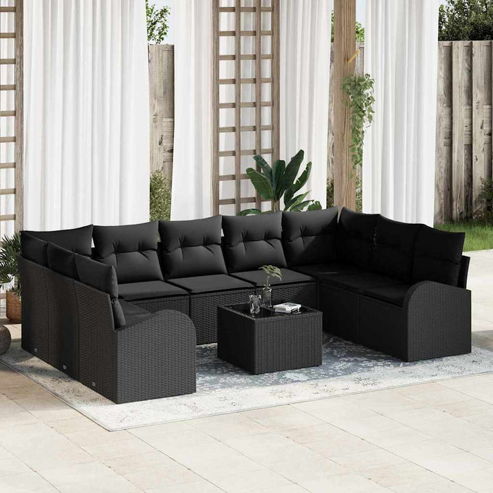 Havesofa Sæt med pude med opbevaring 10 pcs Sort polyrattan
