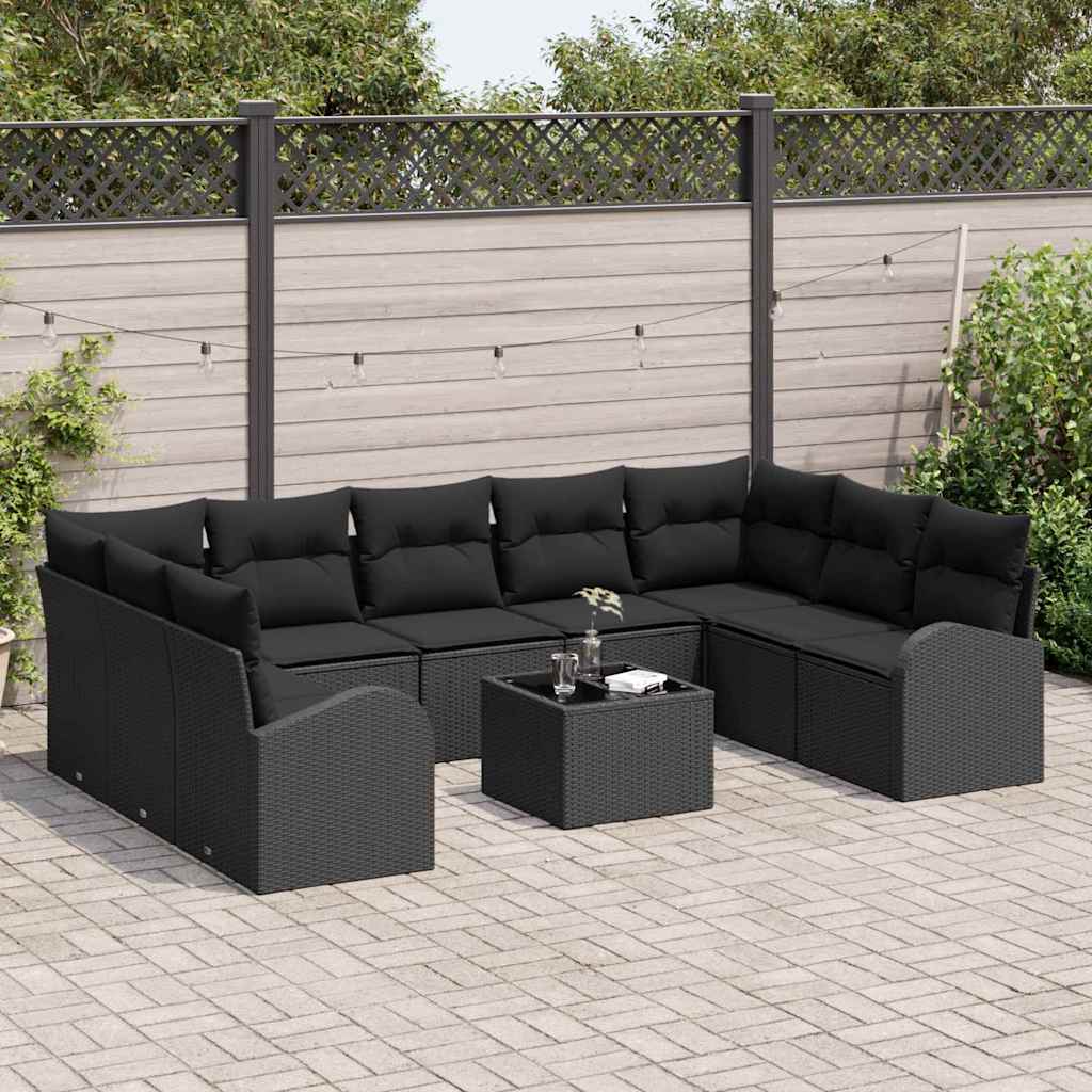 Havesofa Sæt med pude med opbevaring 10 pcs Sort polyrattan