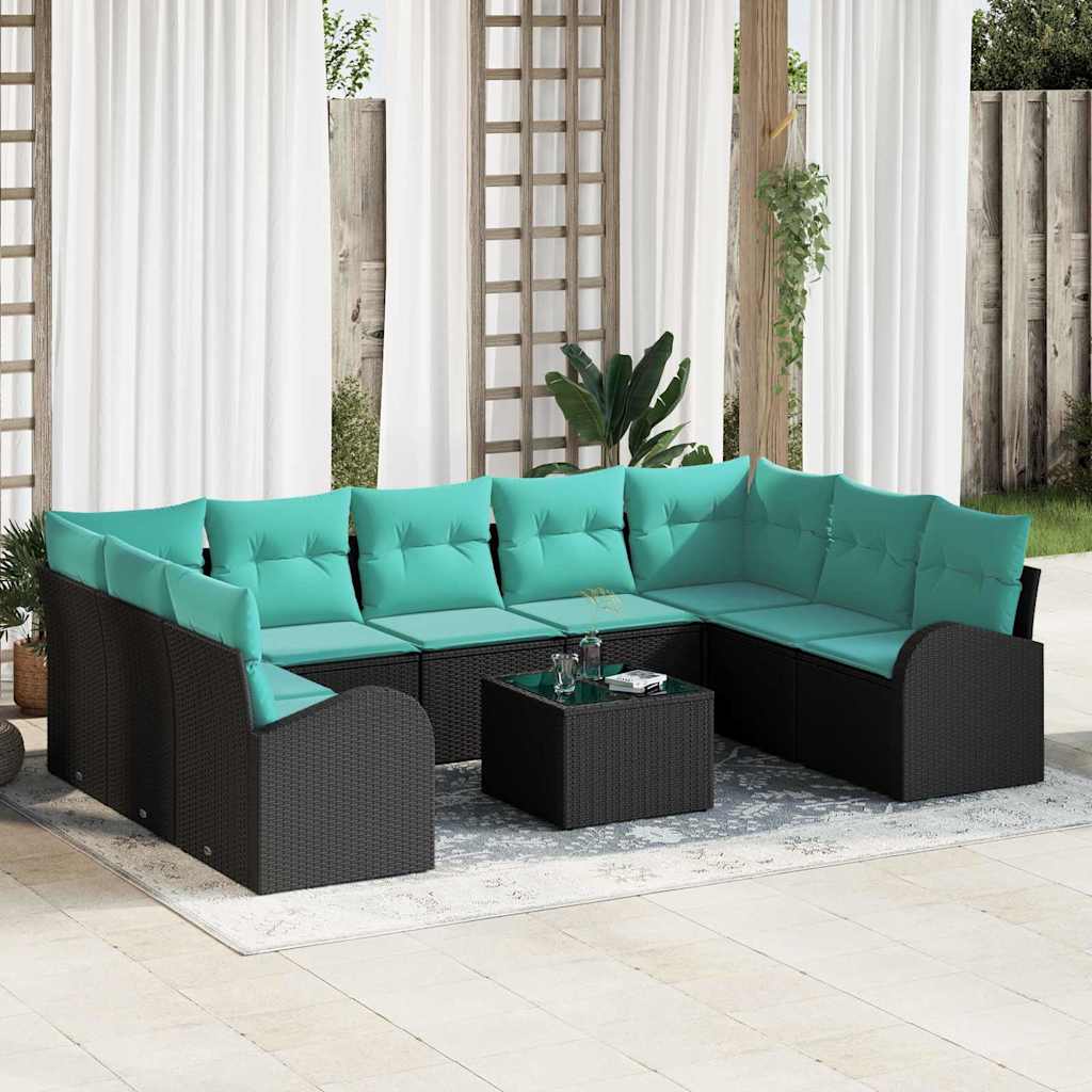 Havesofa Sæt med pude 10 pcs Sort og turkis polyrattan