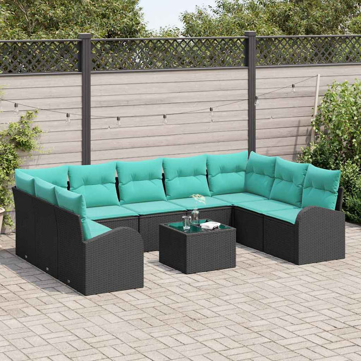 Havesofa Sæt med pude 10 pcs Sort og turkis polyrattan