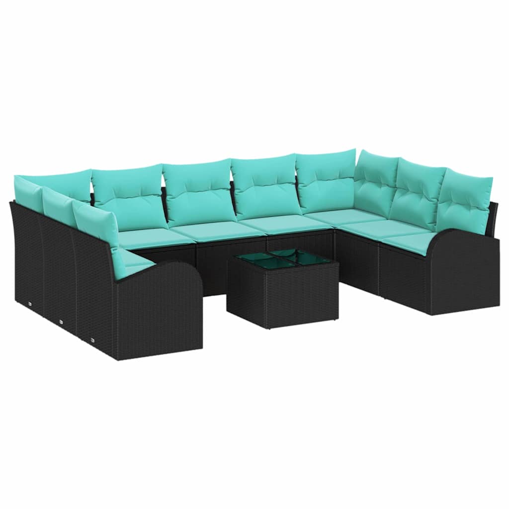 Havesofa Sæt 10 stk. Sort og turkis polyrattan