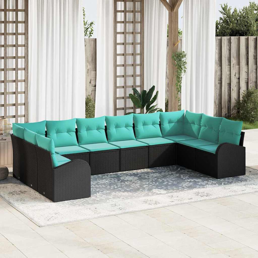 Havesofa Sæt med pude 10 pcs Sort og turkis polyrattan