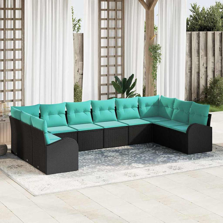 Havesofa Sæt 10 stk. Sort og turkis polyrattan