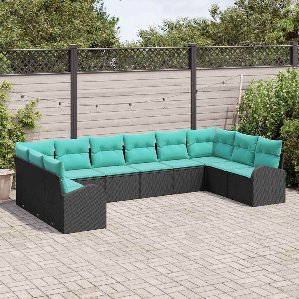 Havesofa Sæt 10 stk. Sort og turkis polyrattan