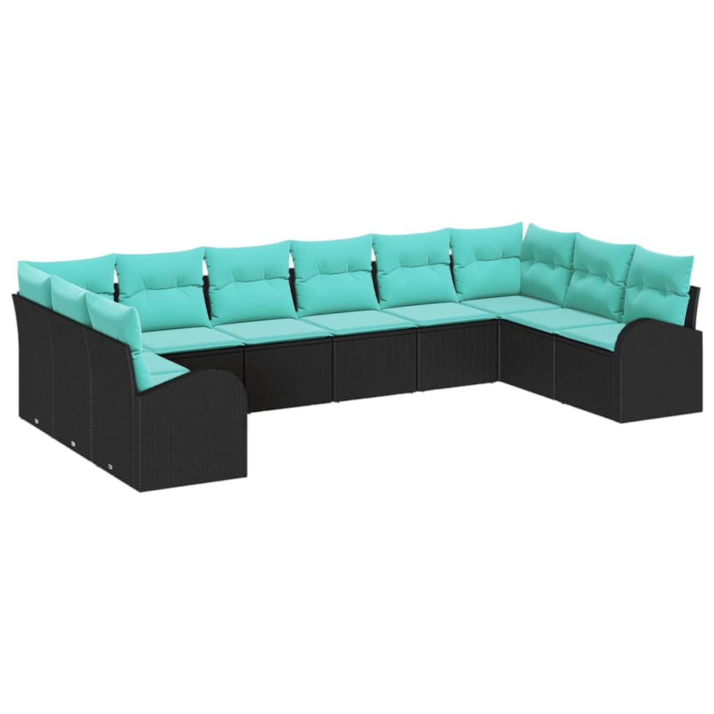 Havesofa Sæt med pude 10 pcs Sort og turkis polyrattan