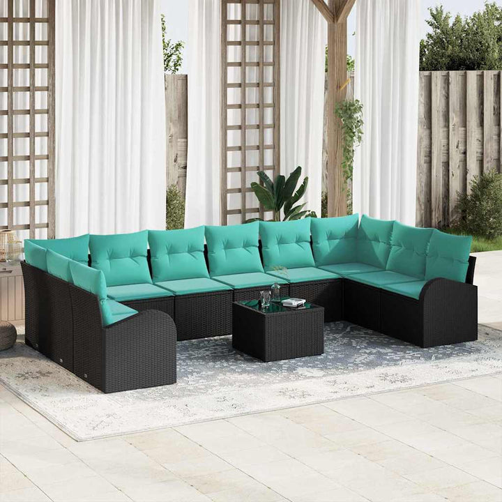 Havesofa Sæt 11 stk. Sort og turkis polyrattan
