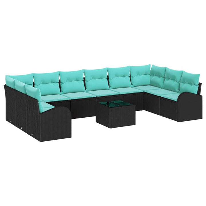 Havesofa Sæt med pude 11 pcs Sort og turkis polyrattan