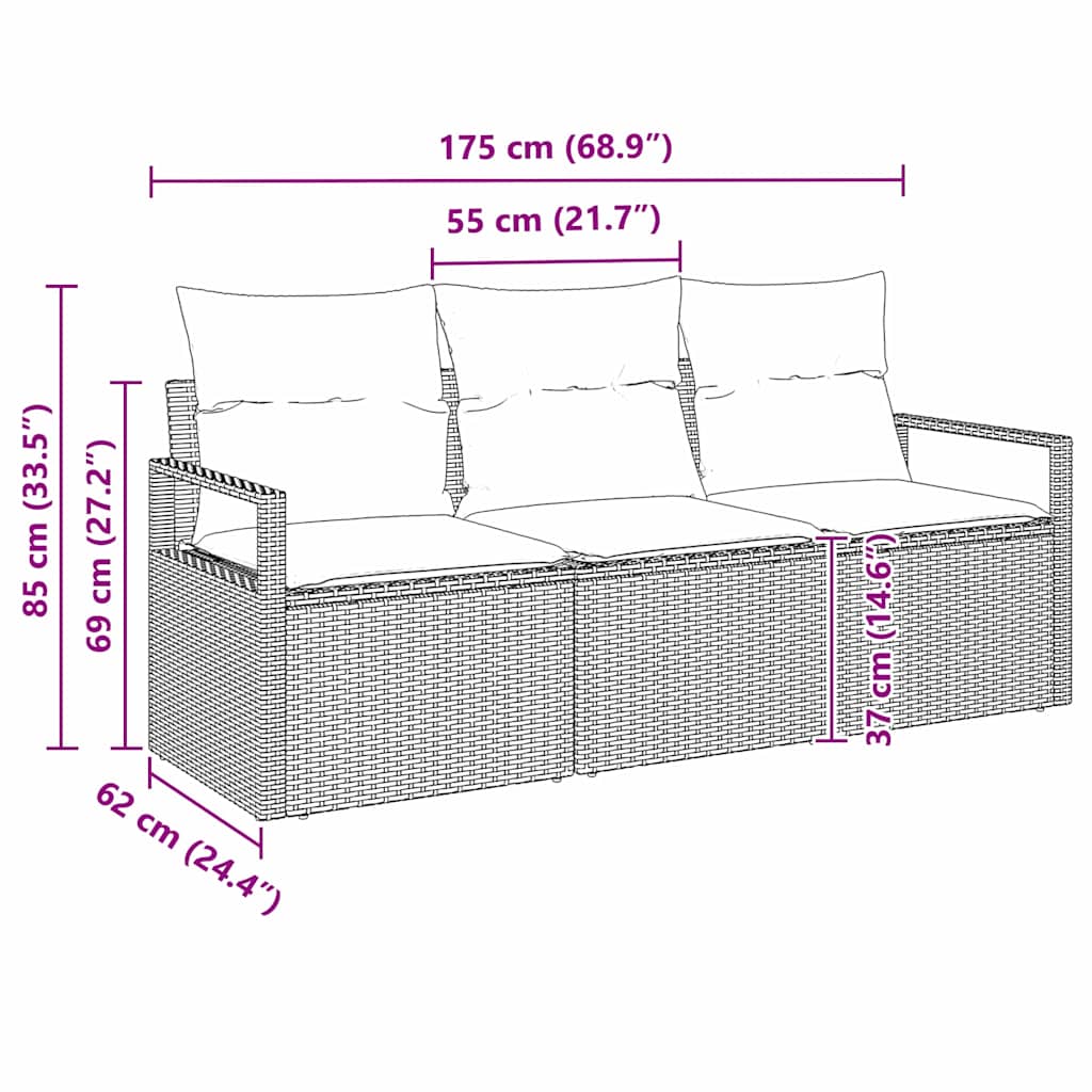 Havesofa Sæt med pude med opbevaring 3 pcs Sort polyrattan