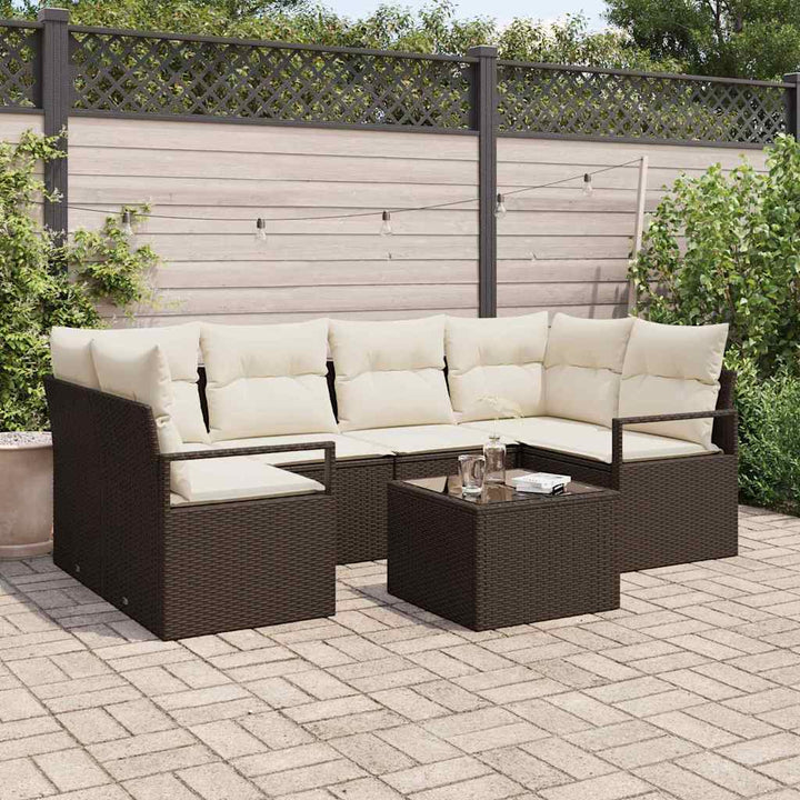 Havesofa Sæt 7 pcs Brun og Creme Polyrattan og stål og glas