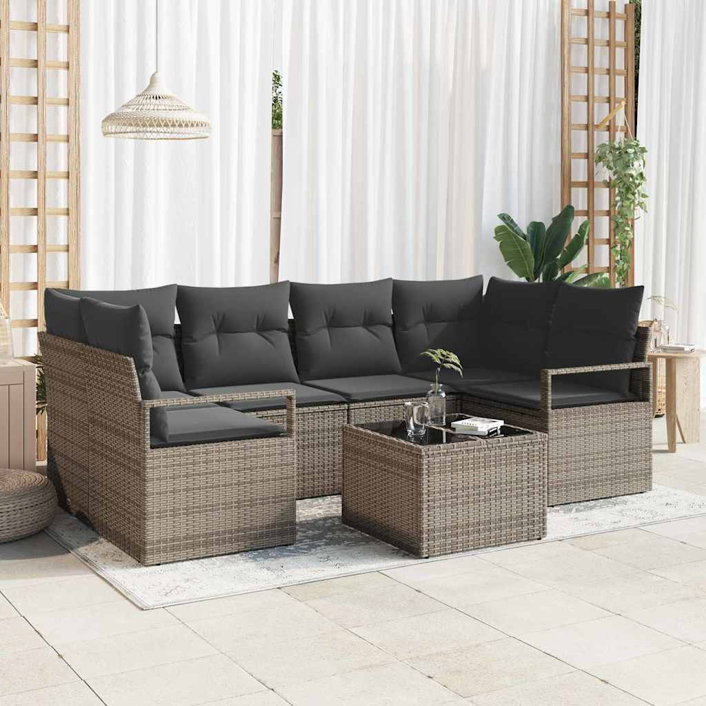 Havesofa Sæt med pude 7 pcs Grå Polyrattan og stål og glas