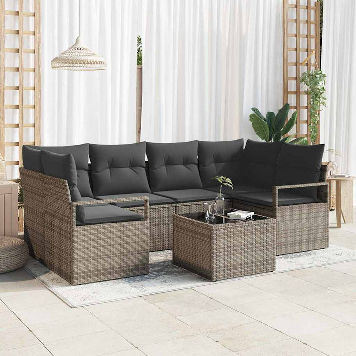 Havesofa Sæt med pude 7 pcs Grå Polyrattan og stål og glas