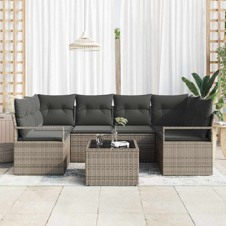 Havesofa Sæt med pude 7 pcs Grå Polyrattan og stål og glas