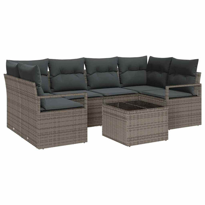 Havesofa Sæt med pude 7 pcs Grå Polyrattan og stål og glas