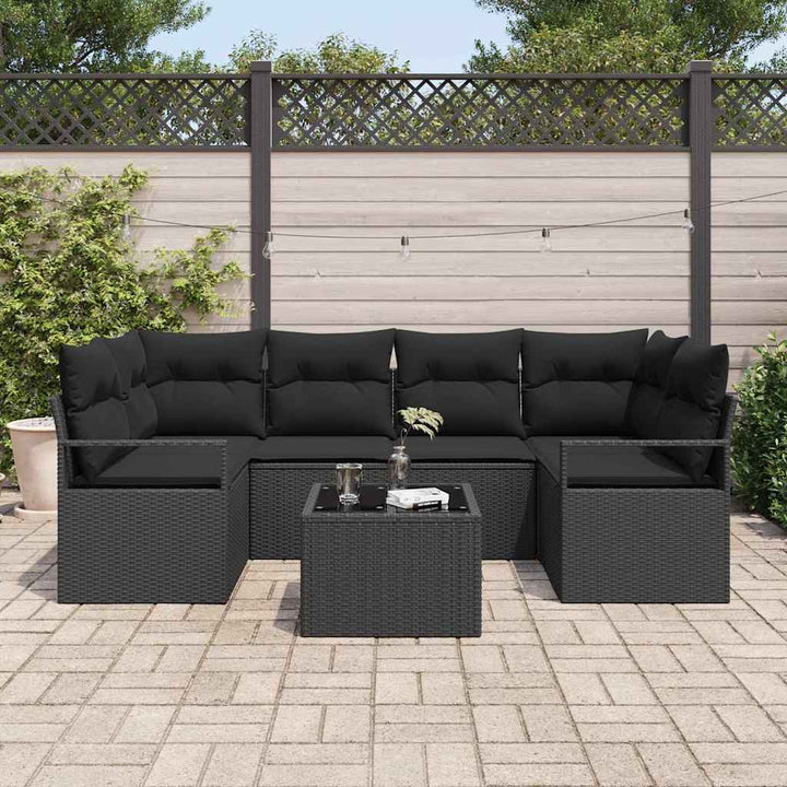 Havesofa Sæt med pude 7 pcs Sort Polyrattan og stål og glas