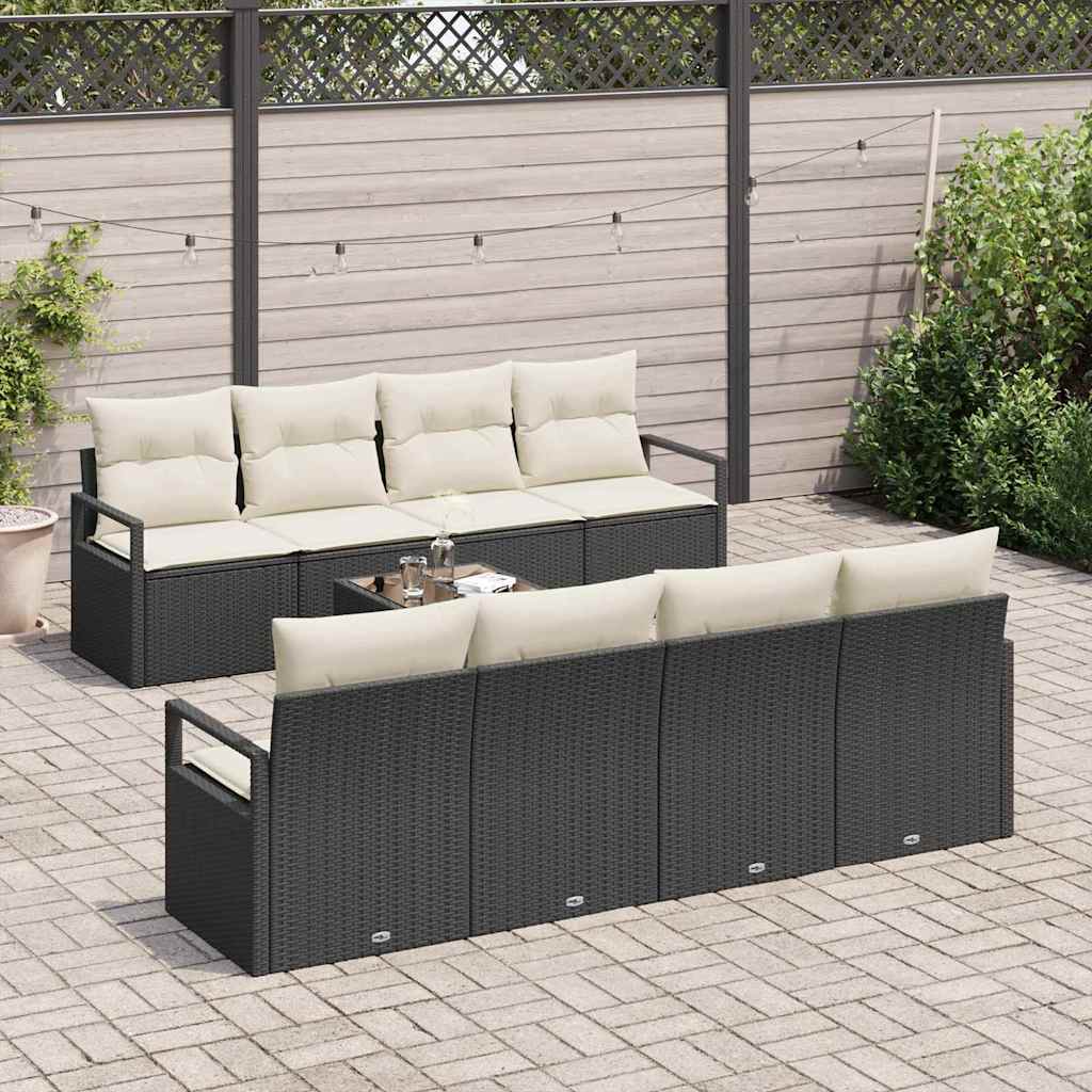 Havesofa Sæt med pude 9 pcs Sort og Cream polyrattan