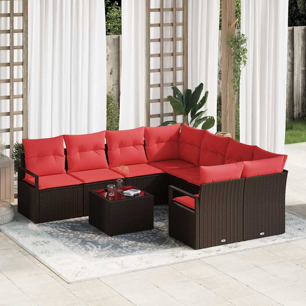 Sofa Sæt med pude med opbevaring 9 pcs Beige og Rød polyrattan