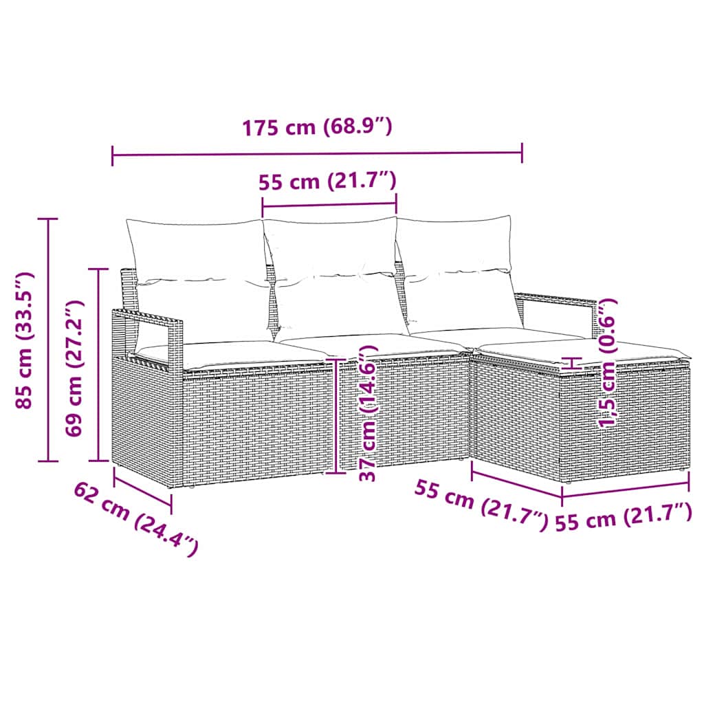 Sofa Sæt med pude med opbevaring 4 pcs Grå polyrattan