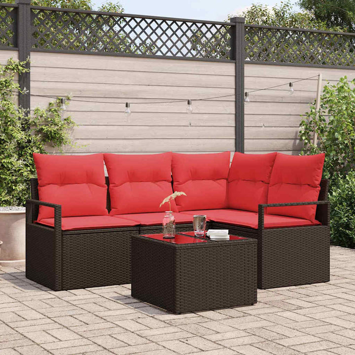 Havesofa Sæt med pude 5 pcs Brun og Rød polyrattan