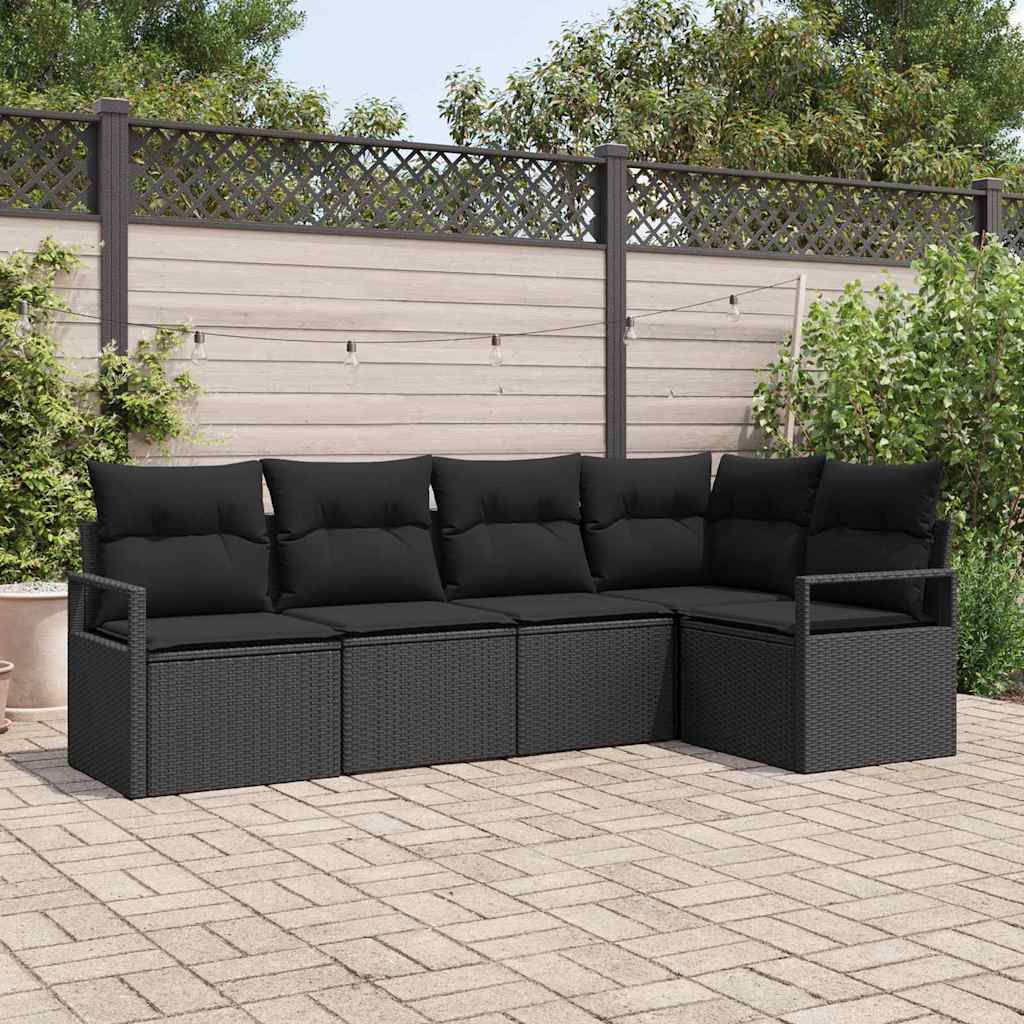 Havesofa Sæt med pude med opbevaring 5 pcs Sort polyrattan